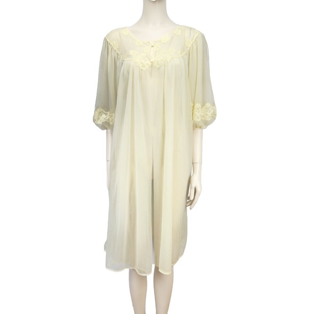 VTG 1960 KAYSER Layered Sheer Butter Yellow Puffed Sleeves‎ Lace Nightgown M